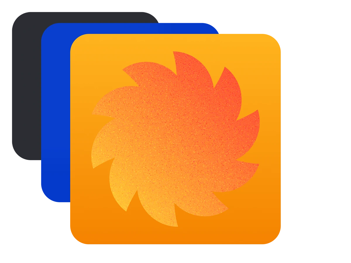 Stylized orange and red sunburst icon on an orange gradient square background with rounded corners.